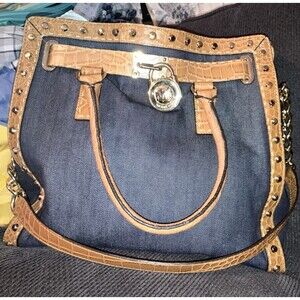 Michael Kors Hamilton Denim Croc Embossed Leather Studded Tote Indigo Brown